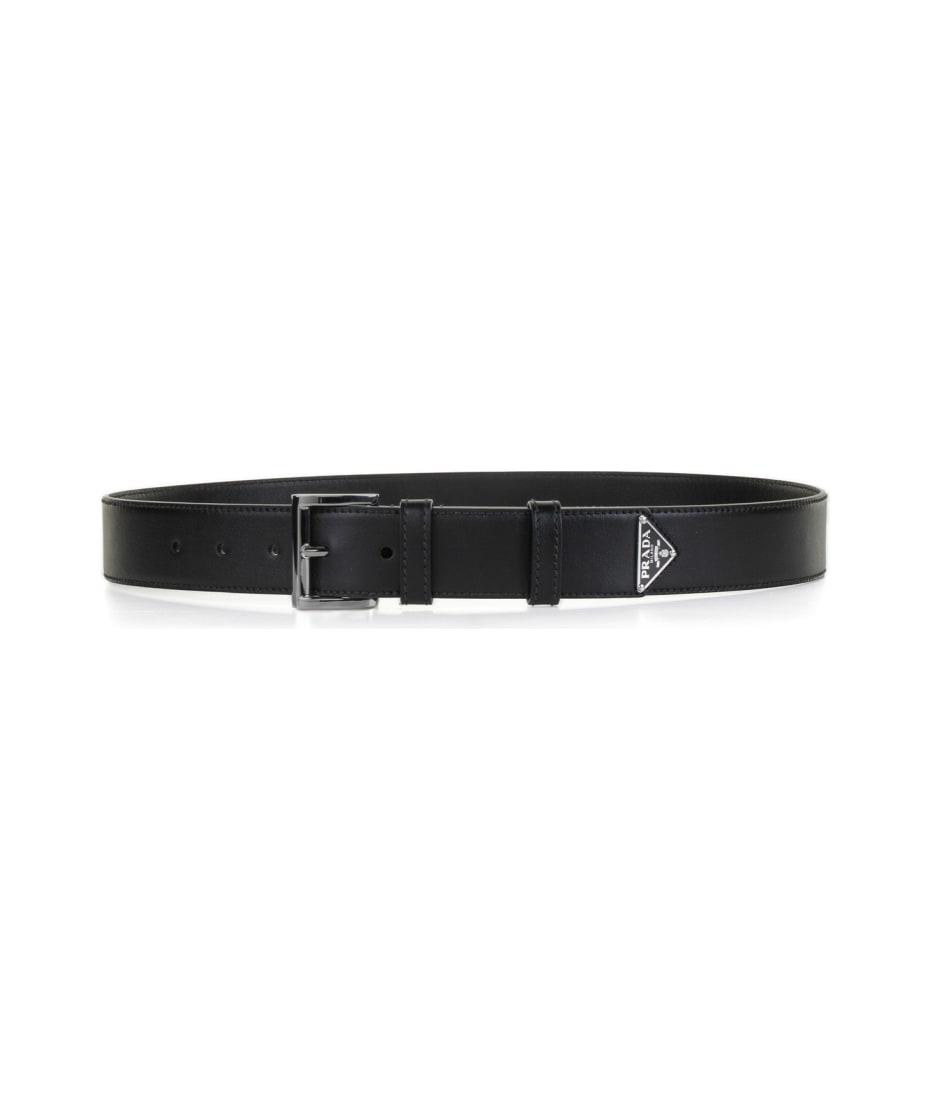 Prada Leather Belt With Triangle Logo - NERO