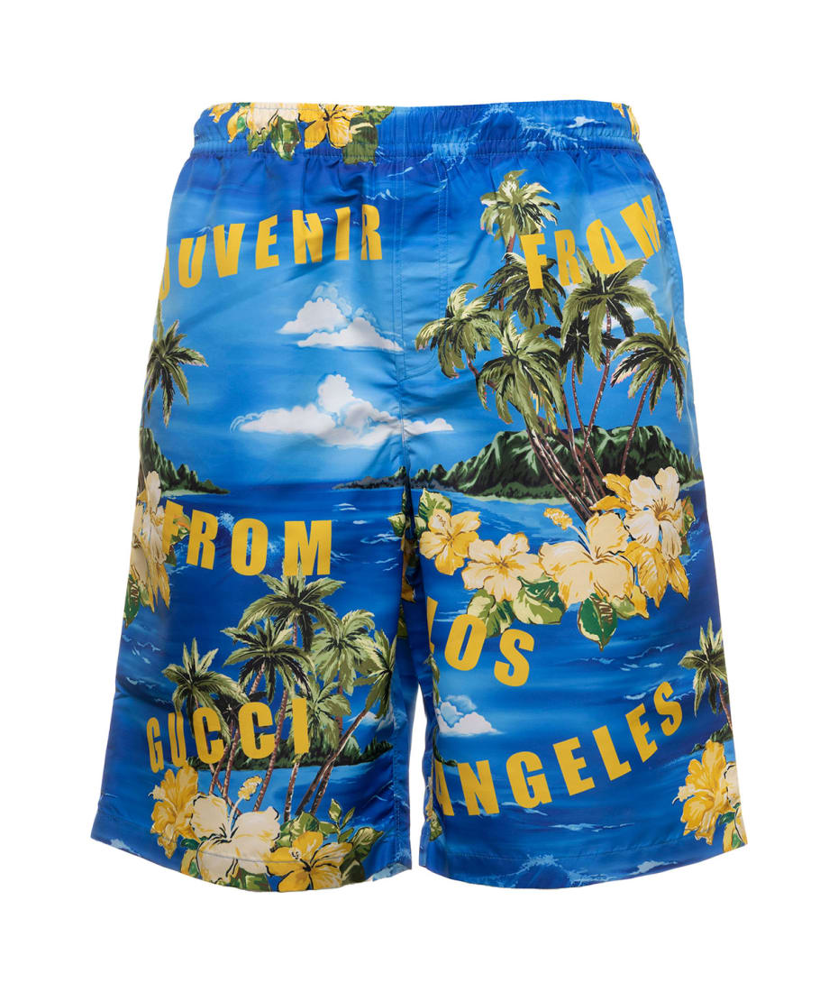 Gucci Light-blue Swim Shorts With All-over Graphic Print In Nylon Man - Blue