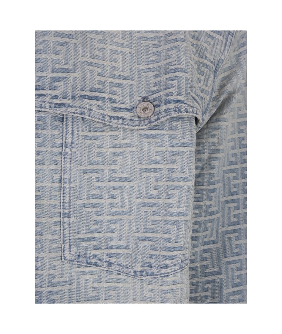 Balmain Denim Overshirt With Monogram In Blu