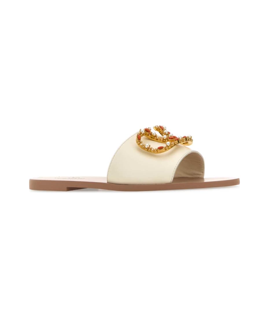 サンダル・ミュール VALENTINO Ivory leather VLogo Signature slippers Valentino Garavani Ivory Leather VLogo Signature Slippers