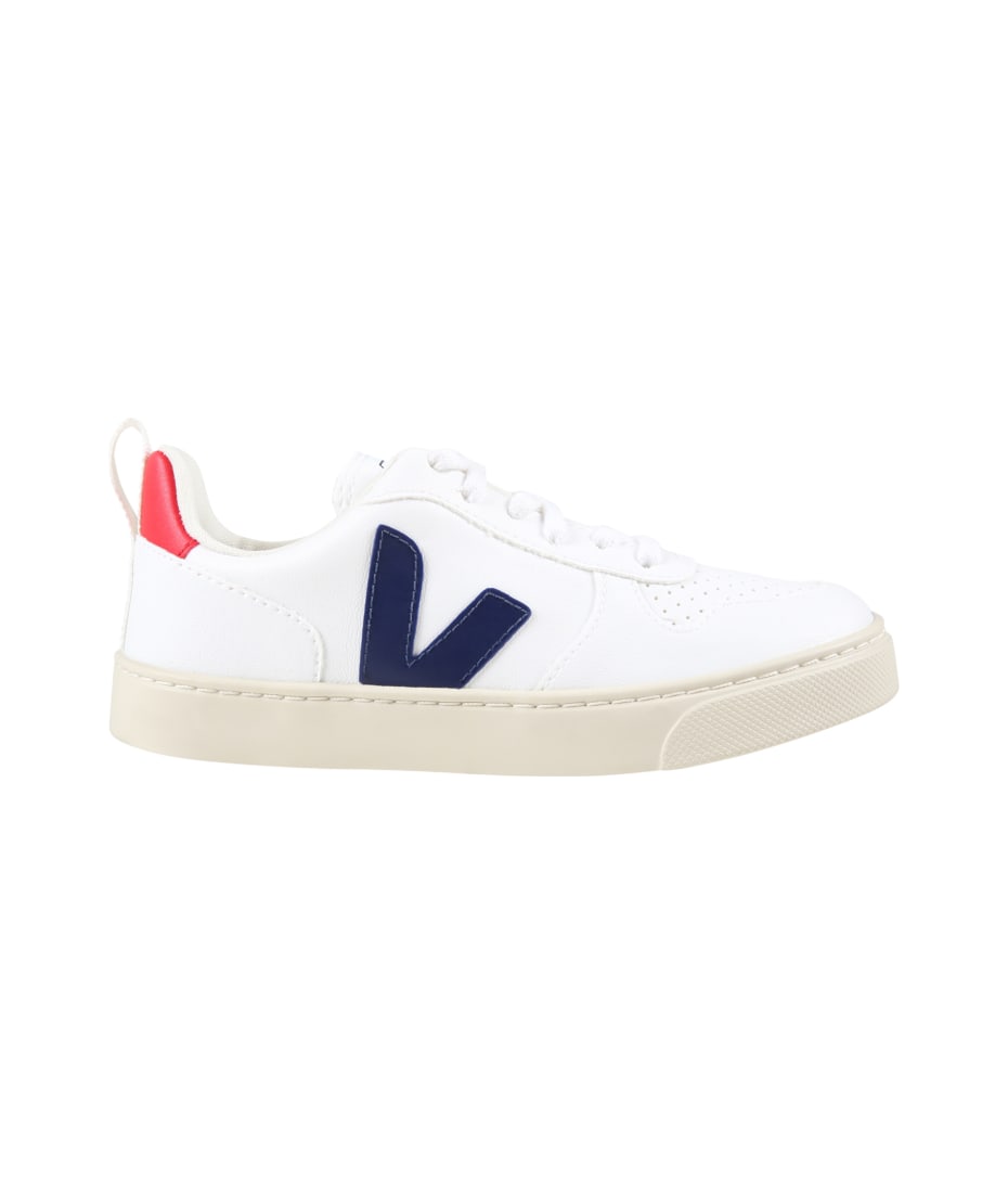 Veja White Sneakers For Kids With Blue Logo | italist