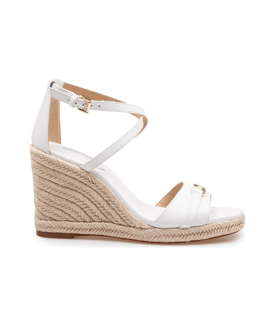 【送料&関税込】Michael Kors Mandy Wedge Sandal In White Lea Michael Kors Mandy Wedge Sandal In White Leather With Jute