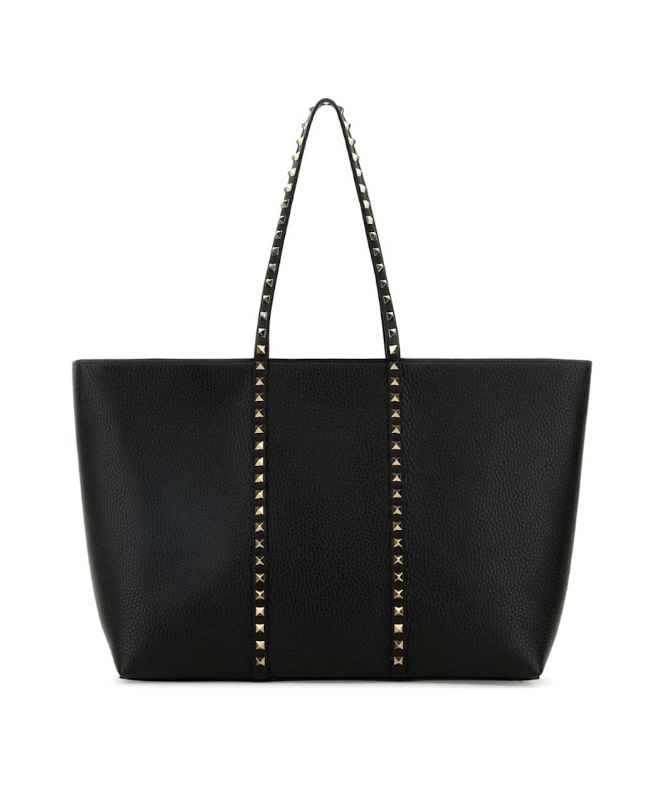 トートバッグ VALENTINO BLACK LEATHER MEDIUM ROCKSTUD SHOPPING BAG Valentino Garavani Black Leather Medium Rockstud Shopping