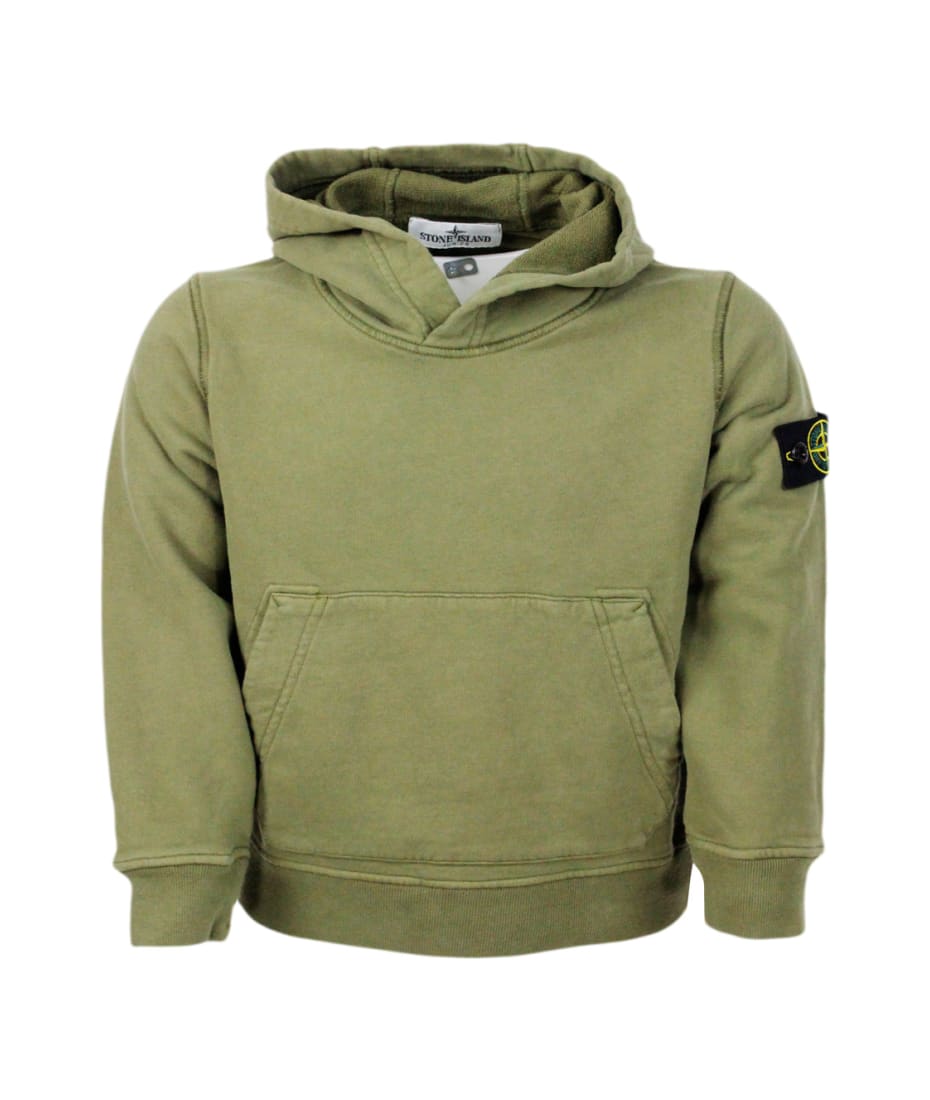 Stone Island Rocky Hooded Sweatshirt With Long Sleeves In Stretch Cotton With Badge On The Left Sleeve - Military