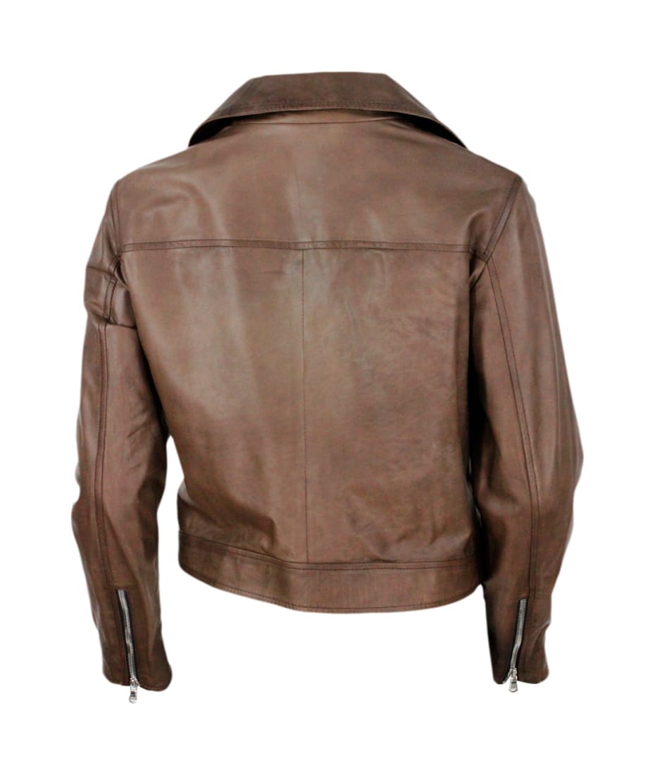 Barba Napoli Studded Jacket In Fine And Soft Nappa Leather With Zip Closure - Brown