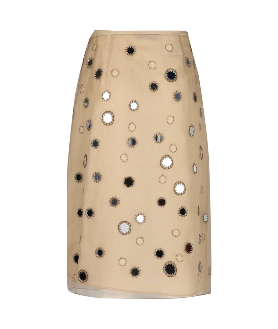 Prada Beige Silk Midi Skirt With Mirrors | italist