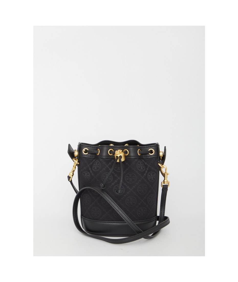 TORY BURCH: mini bucket bag in leather with emblem - Black