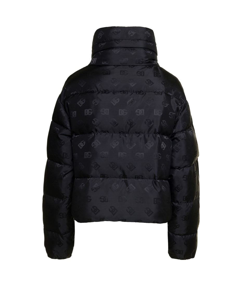 【関税＆送料込み】Dolce & Gabbana Black Down Jacket Padded satin jacquard down jacket with all-over DG logo in