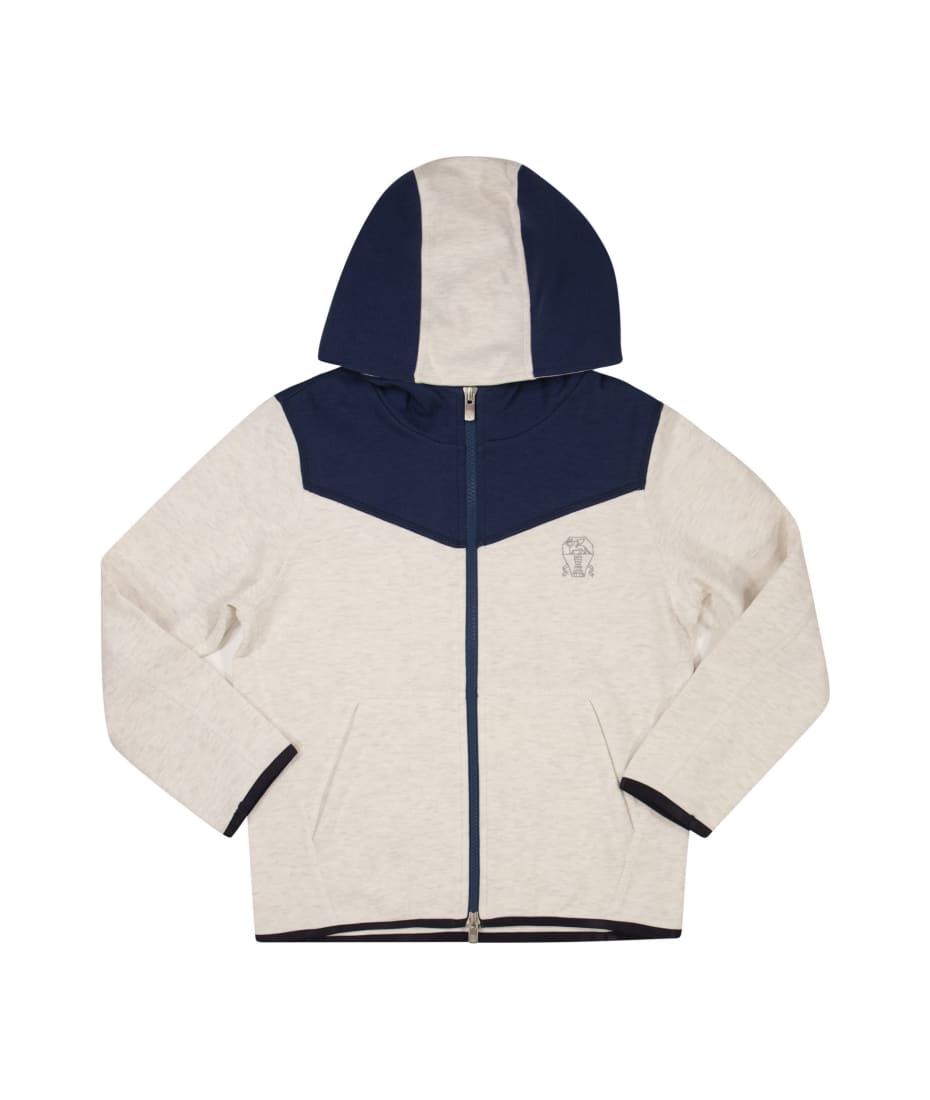 Brunello Cucinelli Panel Topwear In Techno Cotton Fleece With Hood And Zip - Grey/blue