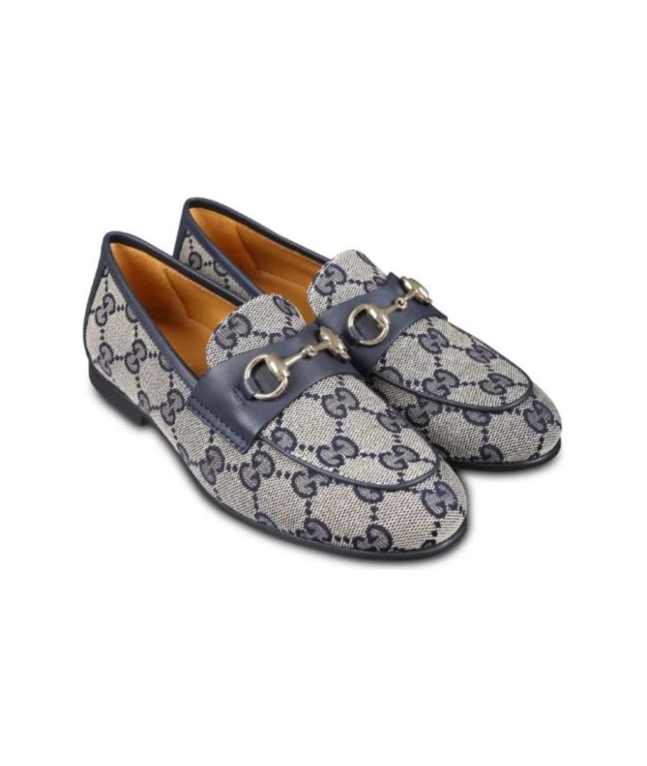 Gucci Beige And Blue Loafers With Horsebit Detail In Gg Supreme