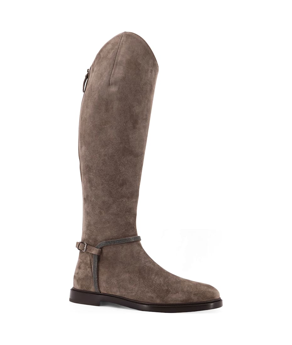 ロングブーツ Brunello Cucinelli Suede Boots With Monili Detail Monili suede knee-high boots in brown - Brunello Cucinelli