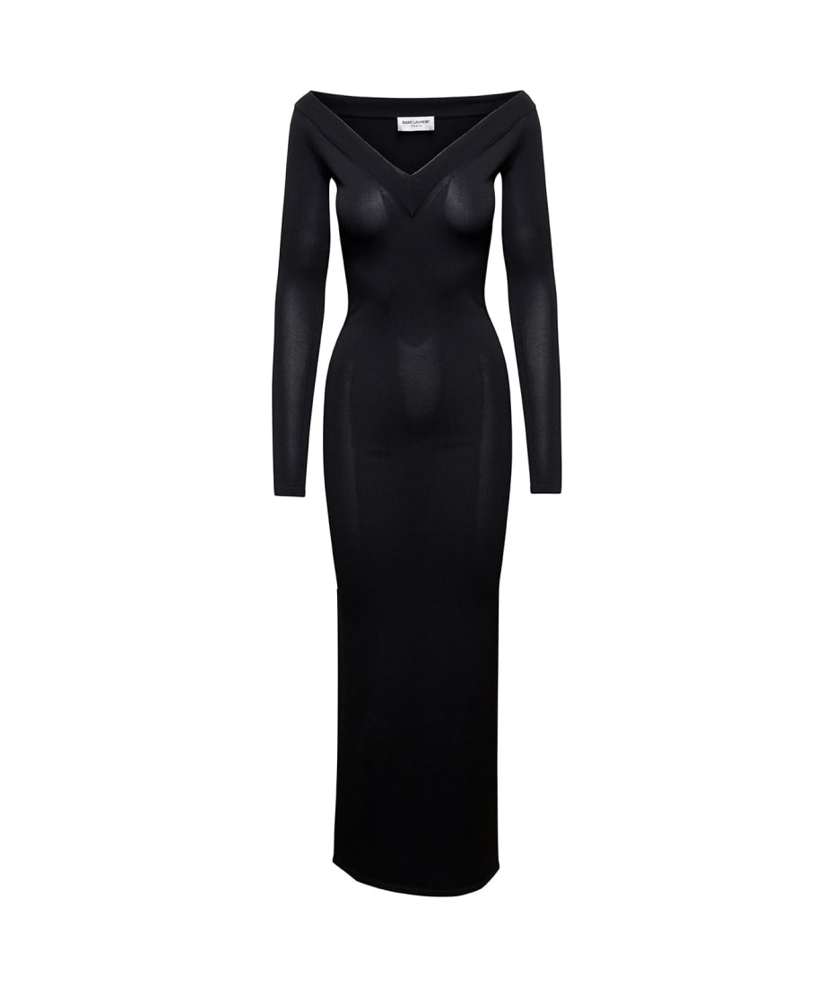 Saint Laurent Off-shoulder V-neck Long Dress - Black