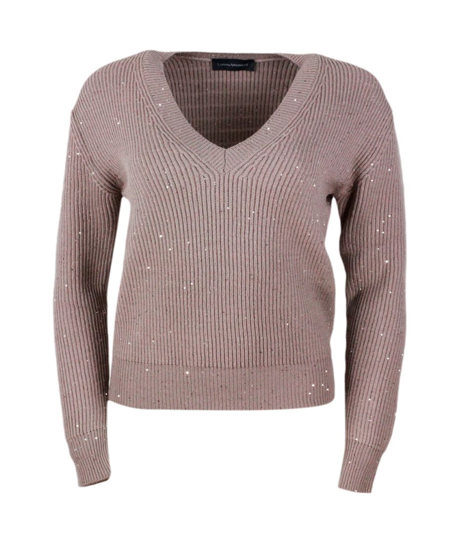 Lorena Antoniazzi V-neck Sweater Made With English Rib Knit In Soft Wool Embellished With Micro Sequins - Pink Antique