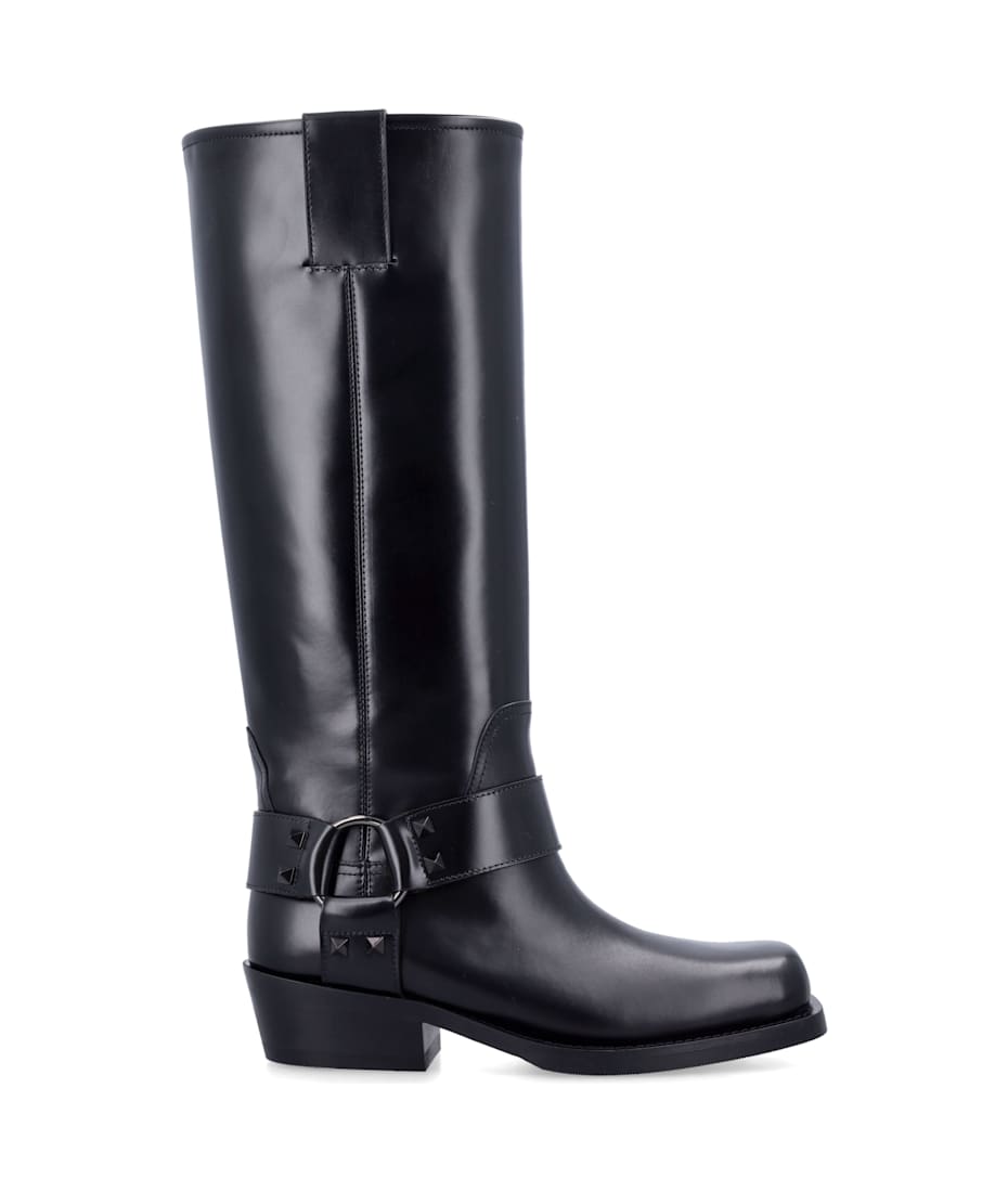 Valentino Garavani Black Leather Biker Rockstud Boots italist