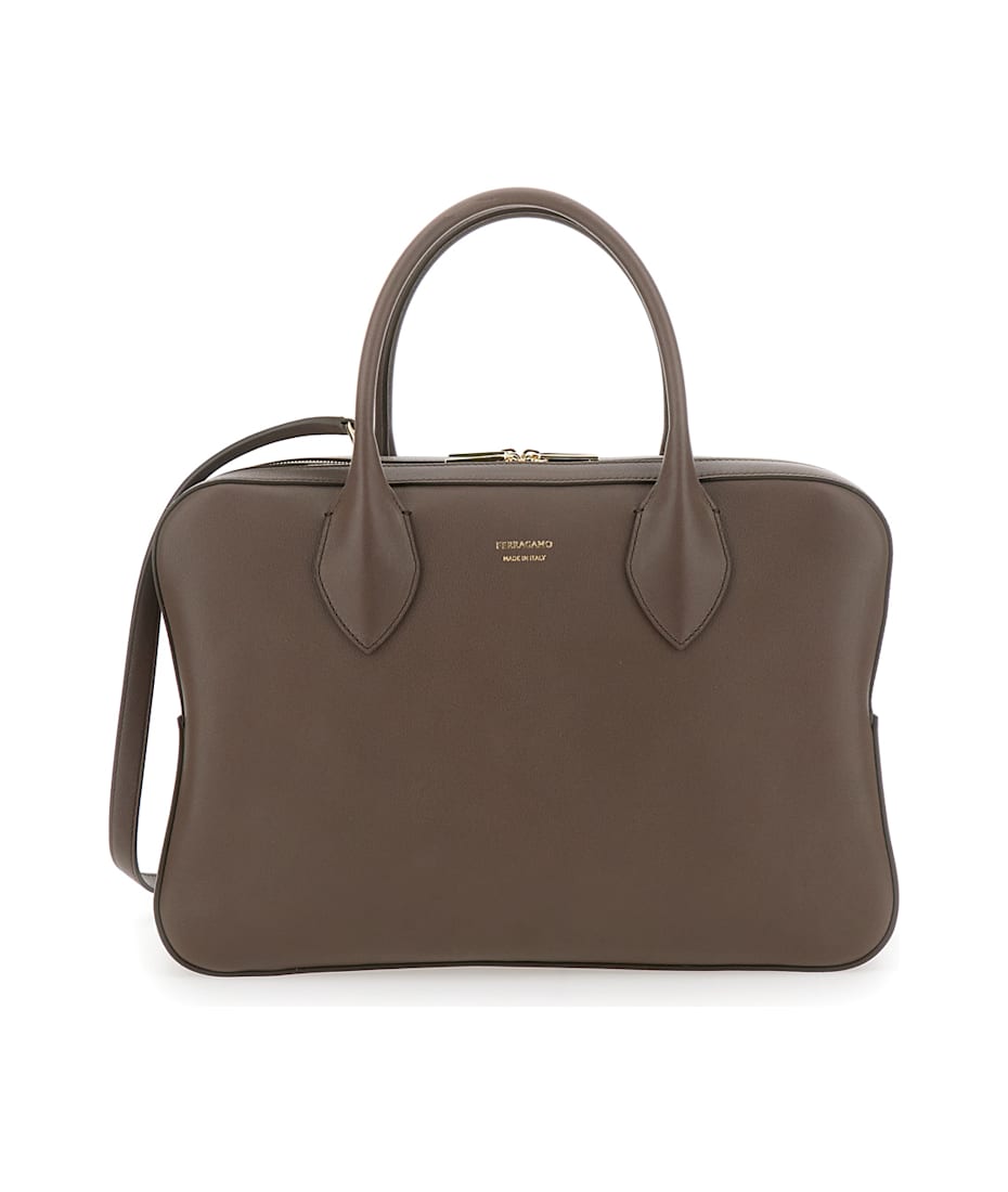 【送料&関税込】Ferragamo Brown Handbag With Three Zips And Ferragamo Brown Handbag With Three Zips And Logo Printed On