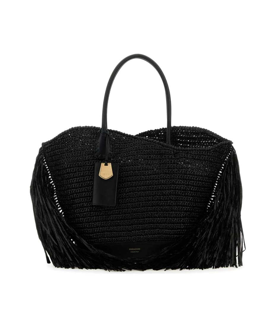 トートバッグ Salvatore Ferragamo Black Leather Allover Shopping Bag SALVATORE FERRAGAMO Maxi Gancio Black Leather Tote Bag