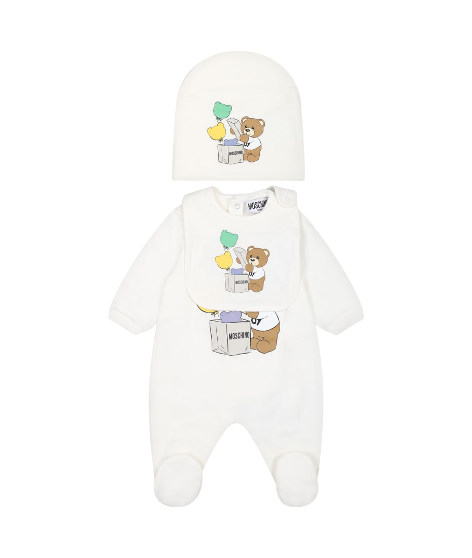 Moschino White Set For Baby Kids With Teddy Bear And Logo