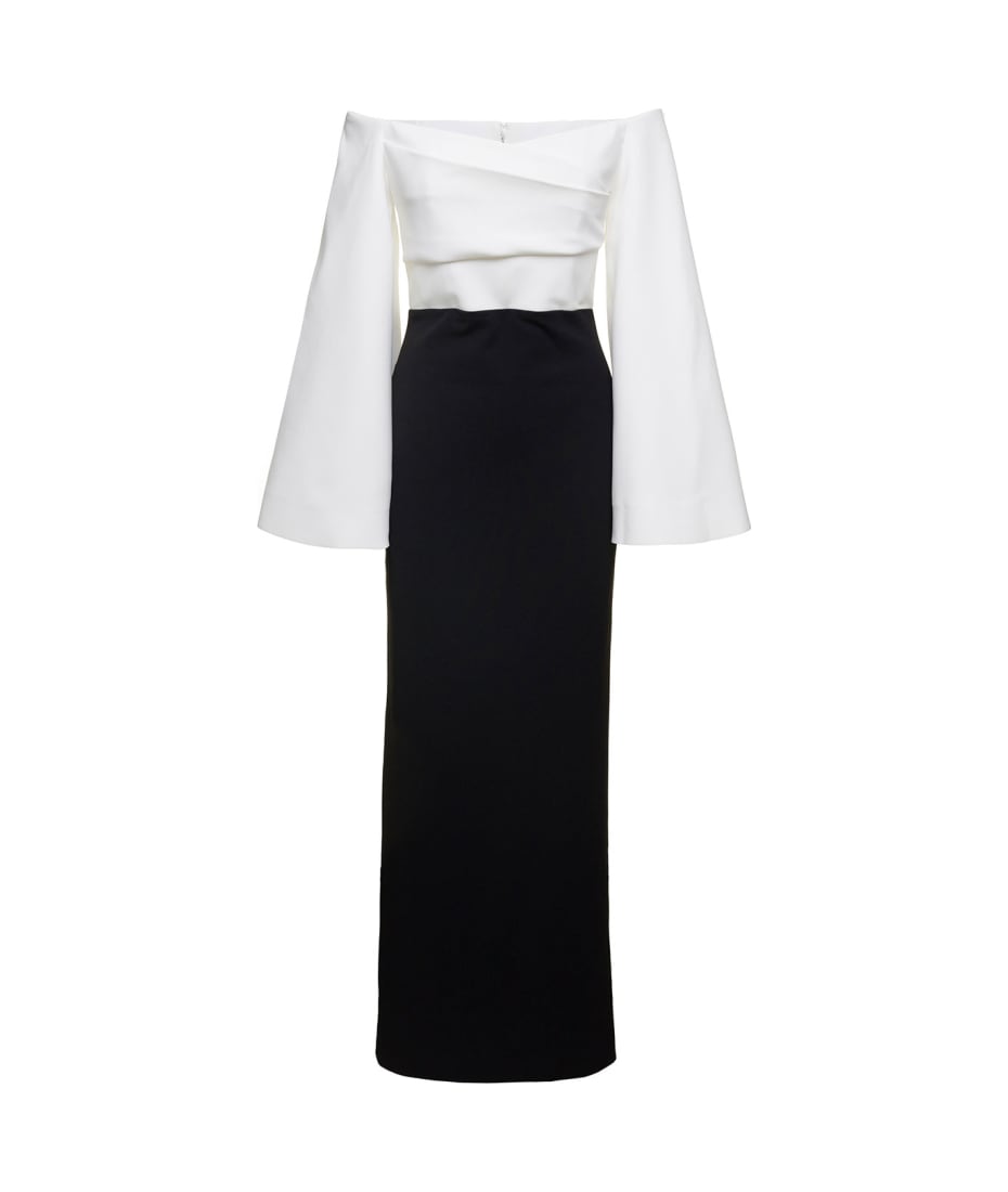 Solace London Eliana Off-shoulder Maxi Dress In Black And White Satin |  italist, ALWAYS LIKE A SALE