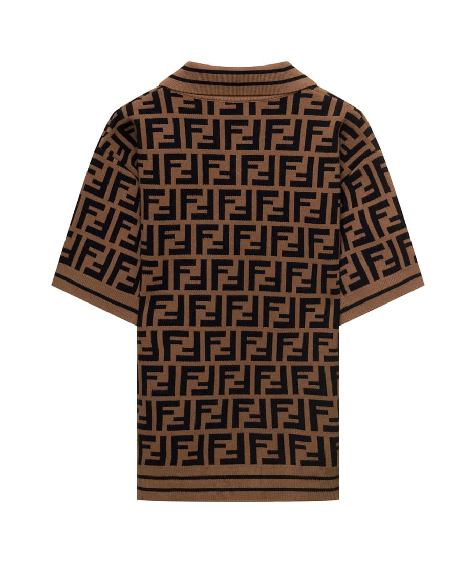 Fendi Brown Knit Polo With All-over Ff Motif In Viscose Boy