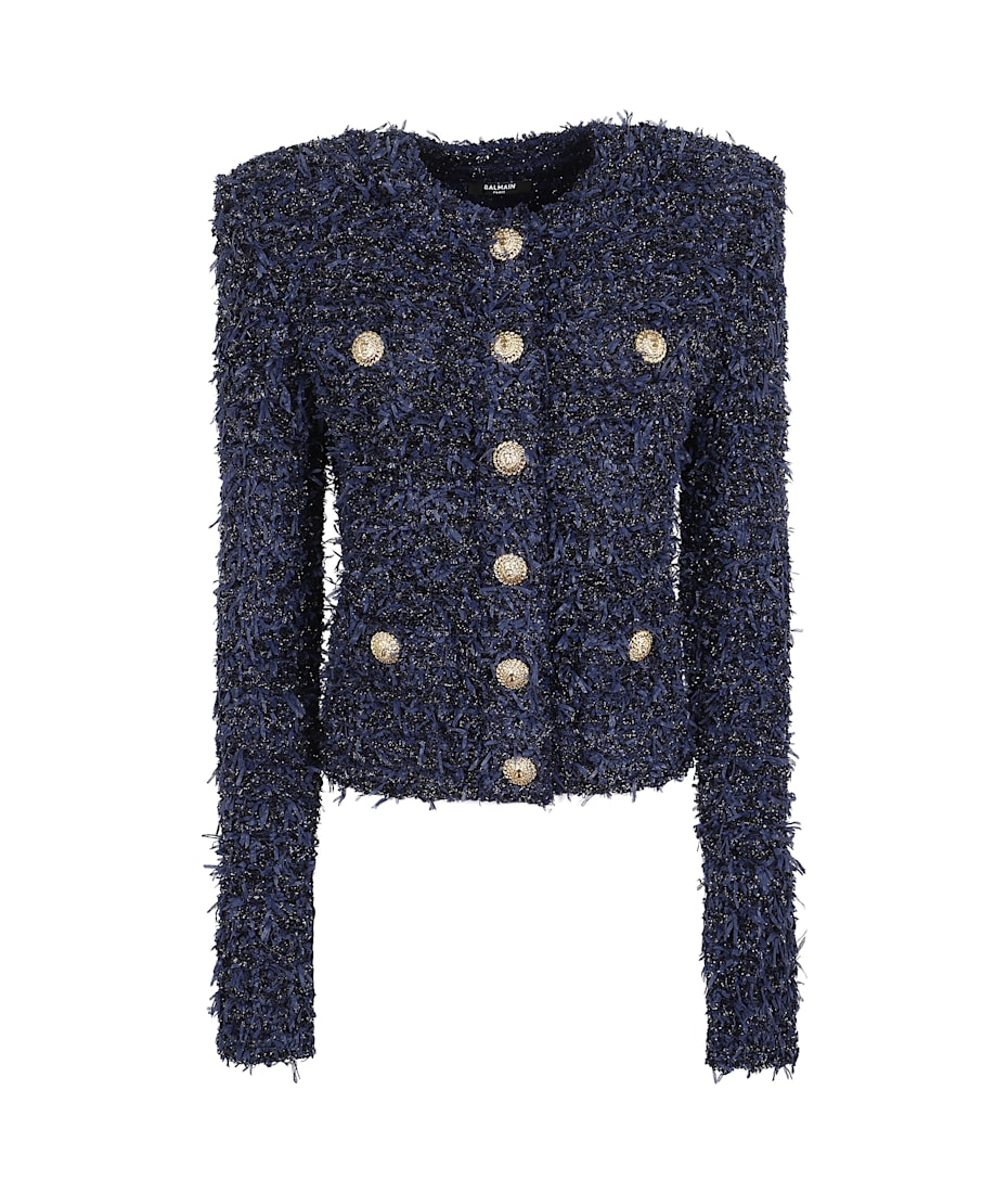 Tweed Dot Button Collarless Jacket