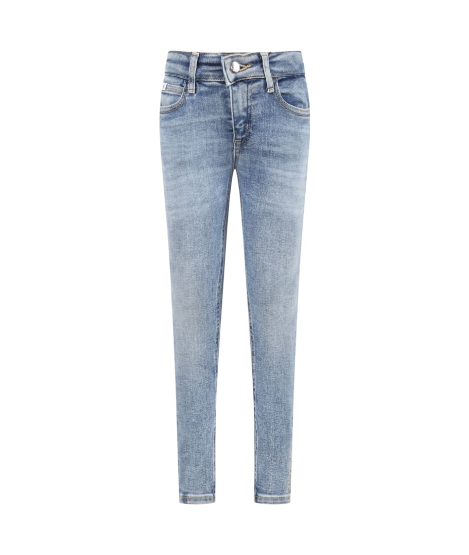 Calvin Klein Light-blue Jeans For Girl With Embroidered Beige Logo - Denim