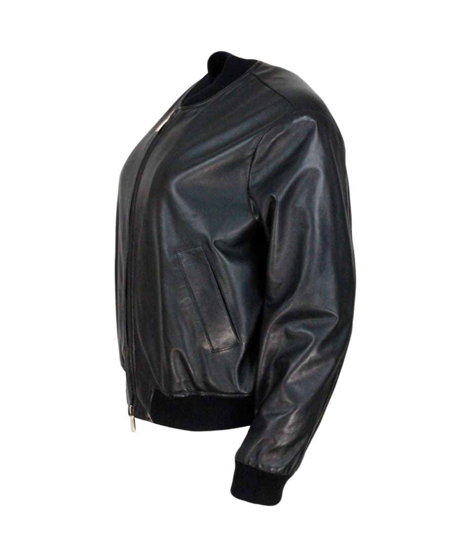 Bomber Jacket With Zip In Soft And Precious Leather With Cashmere Lining.  Knitted Collar, Cuffs And Bottom Hem