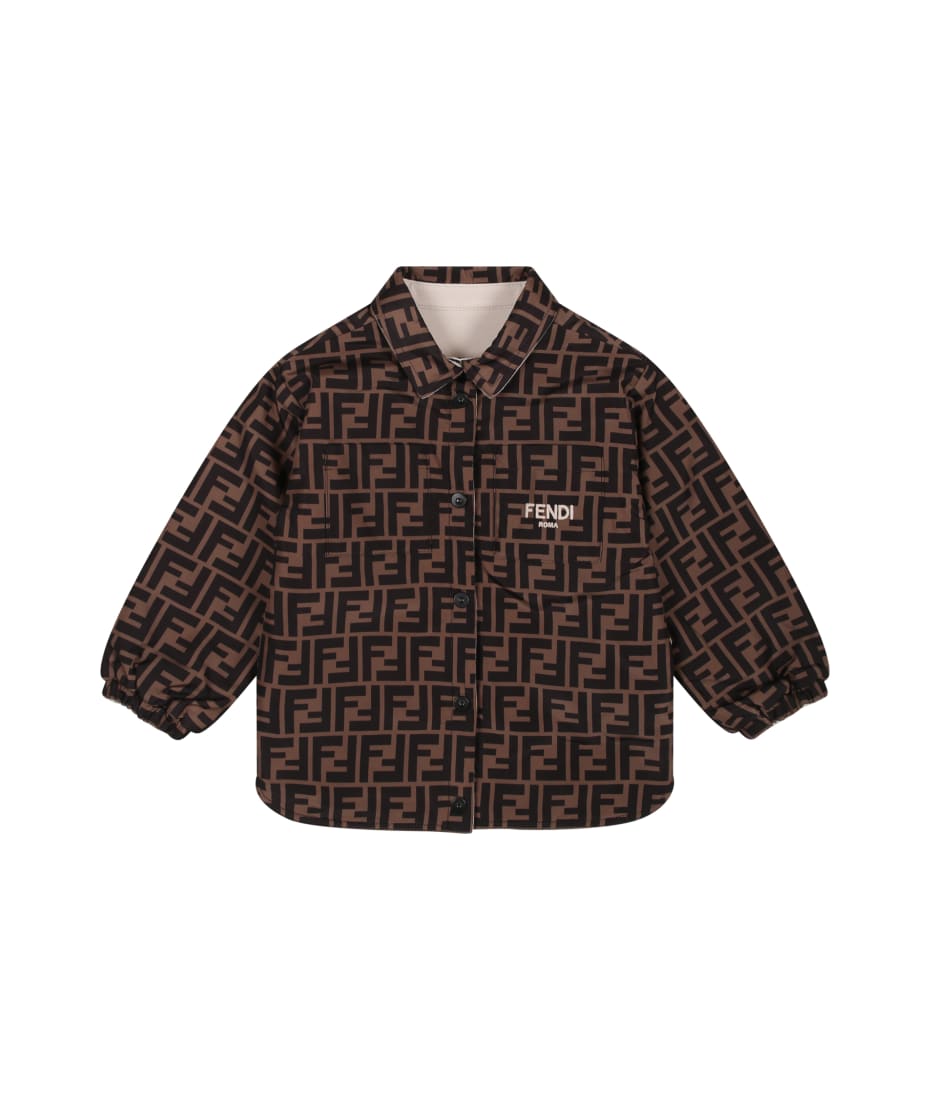 Fendi Reversible Beige Jacket For Baby Boy With Logo And Ff