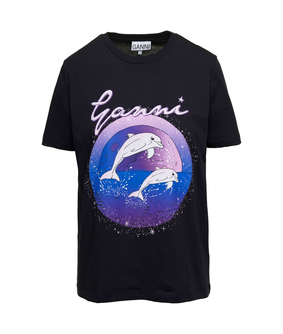 Ganni Black T-shirt With Dolphin Graphic Print In Cotton