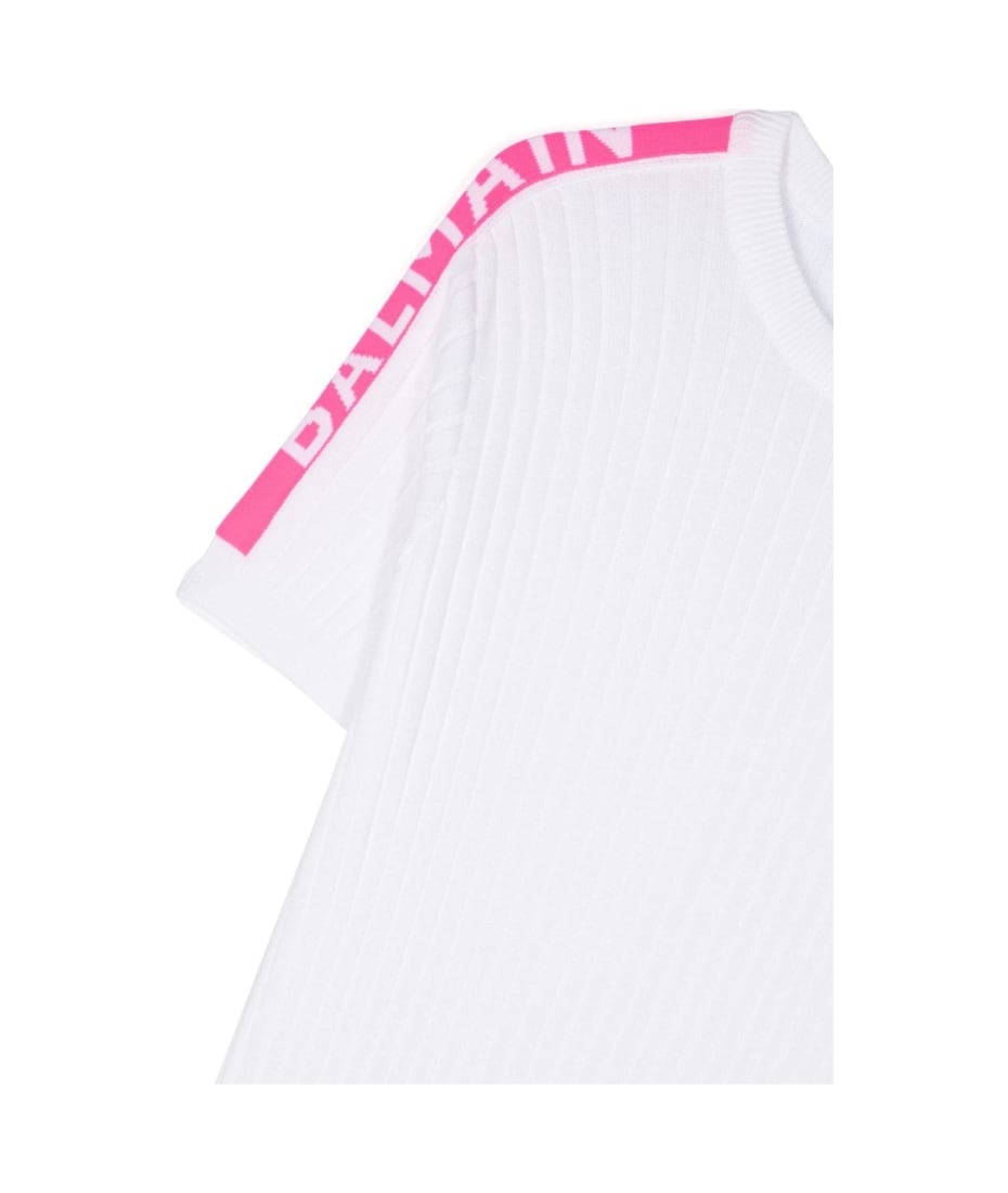 Balmain Ribbed Knitted Dress With Jacquard Logo Motif - White