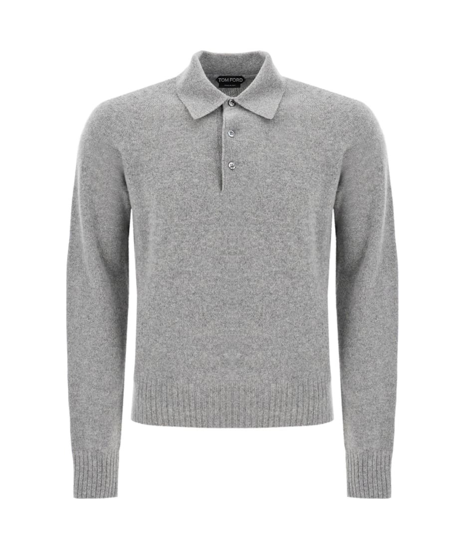 Tom Ford Grey Long Sleeve Polo Shirt With Tonal Embroidery In
