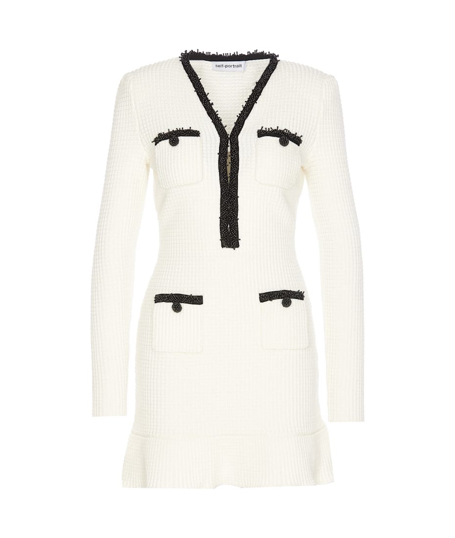 ワンピース Self Portrait PEARL KNITTED DRESS White Pearl Trim Knit Mini Dress – self-portrait-US
