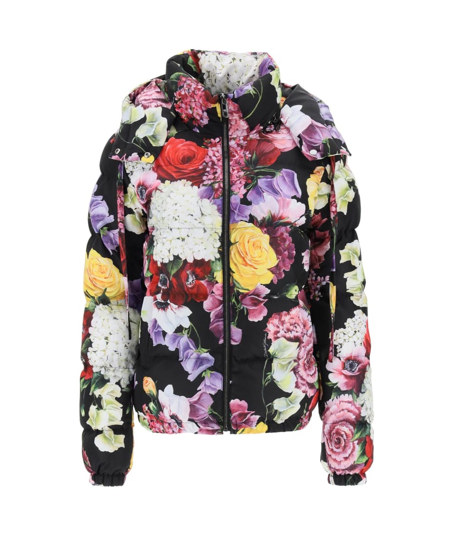 Short Hooded Puffer Jacket With Hydrangea And Flower Print