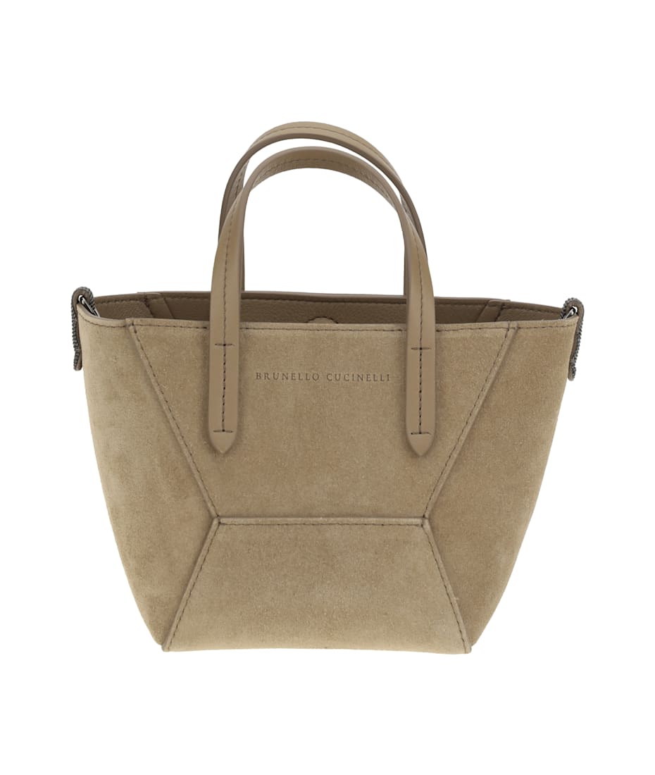 【関税&送料込】Brunello Cucinelli Suede Shoulder Bag Large paneled suede shoulder bag in brown - Brunello