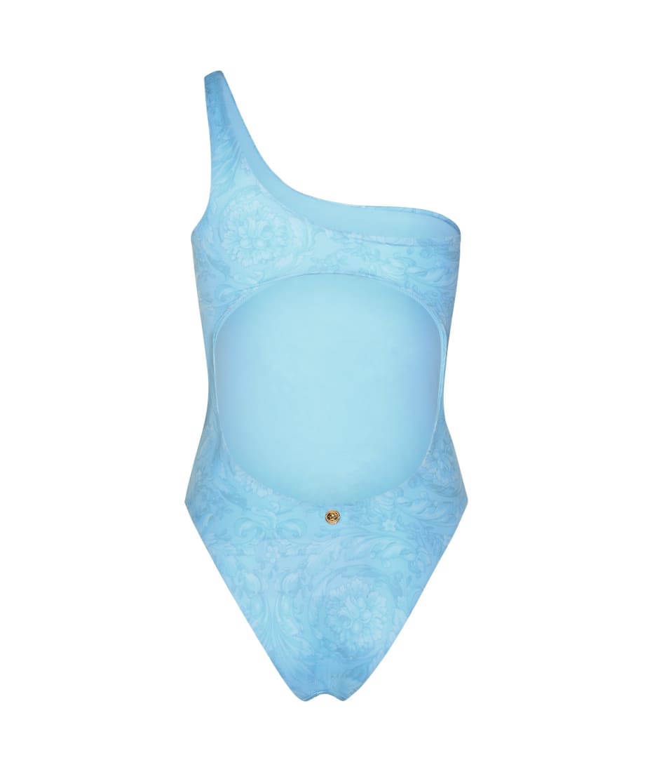 Versace Asymmetric 'barocco' One-piece Swimsuit In Light Blue Polyester Blend - Pale Blue