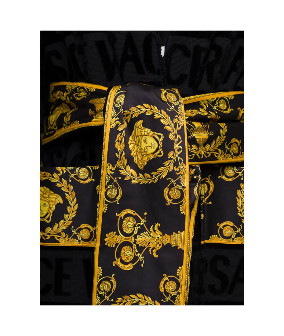 Black Bathrobe With Baroque Pattern In Terry Cotton Versace