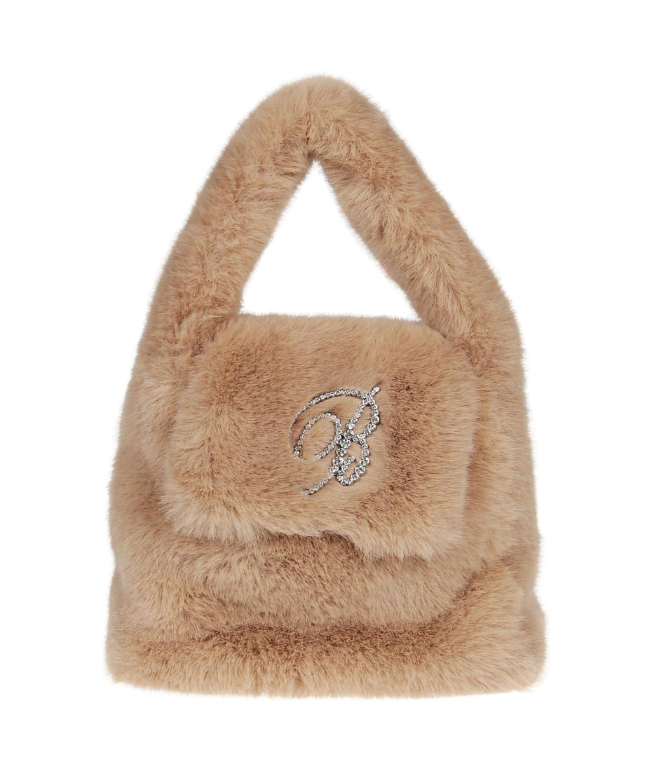 Fluff Embellished Faux Fur Small Bucket Bag