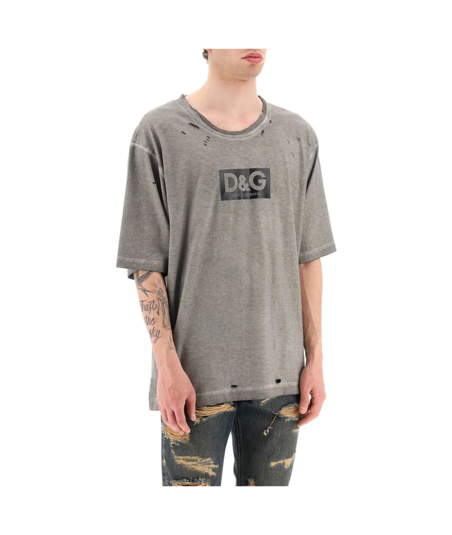 Dolce & Gabbana Washed Cotton T-shirt With Destroyed