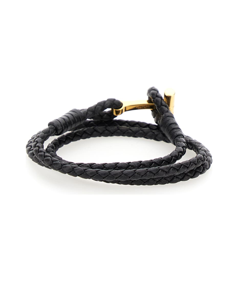 Tom Ford Black Bracelet With T Detail In Braided Leather Man