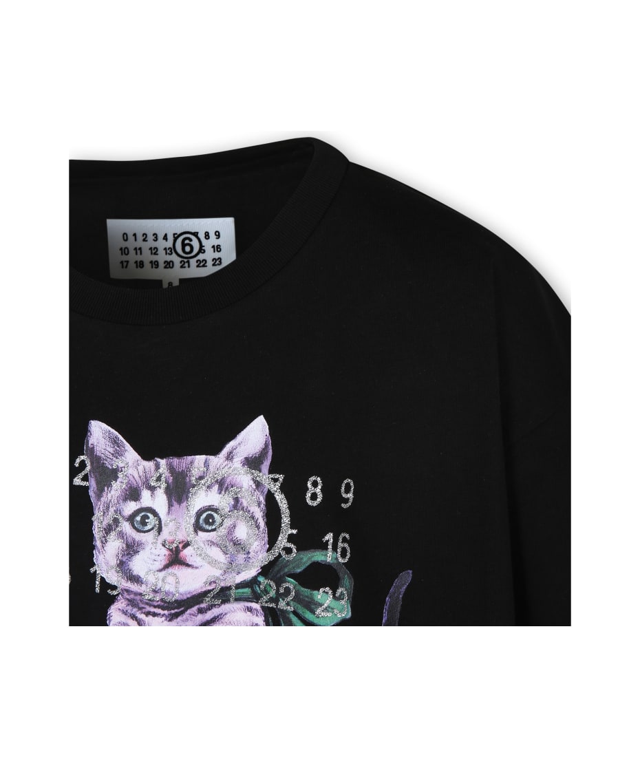 MM6 Maison Margiela Black T-shirt For Girl With Cat Print