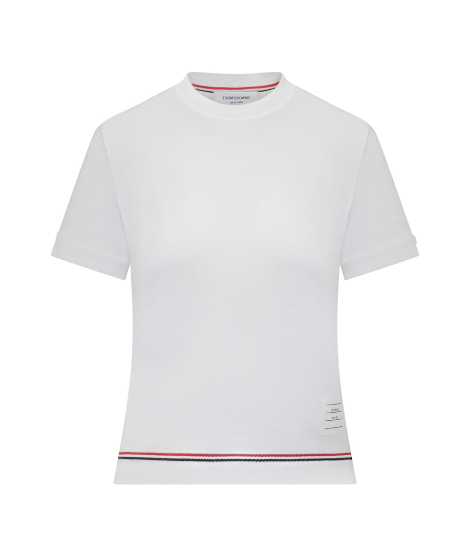 Thom Browne｜ (FJS193A J0185 100) Short Sleeve Notch Tee In Cotton Pique + Eng Rwb Stripe