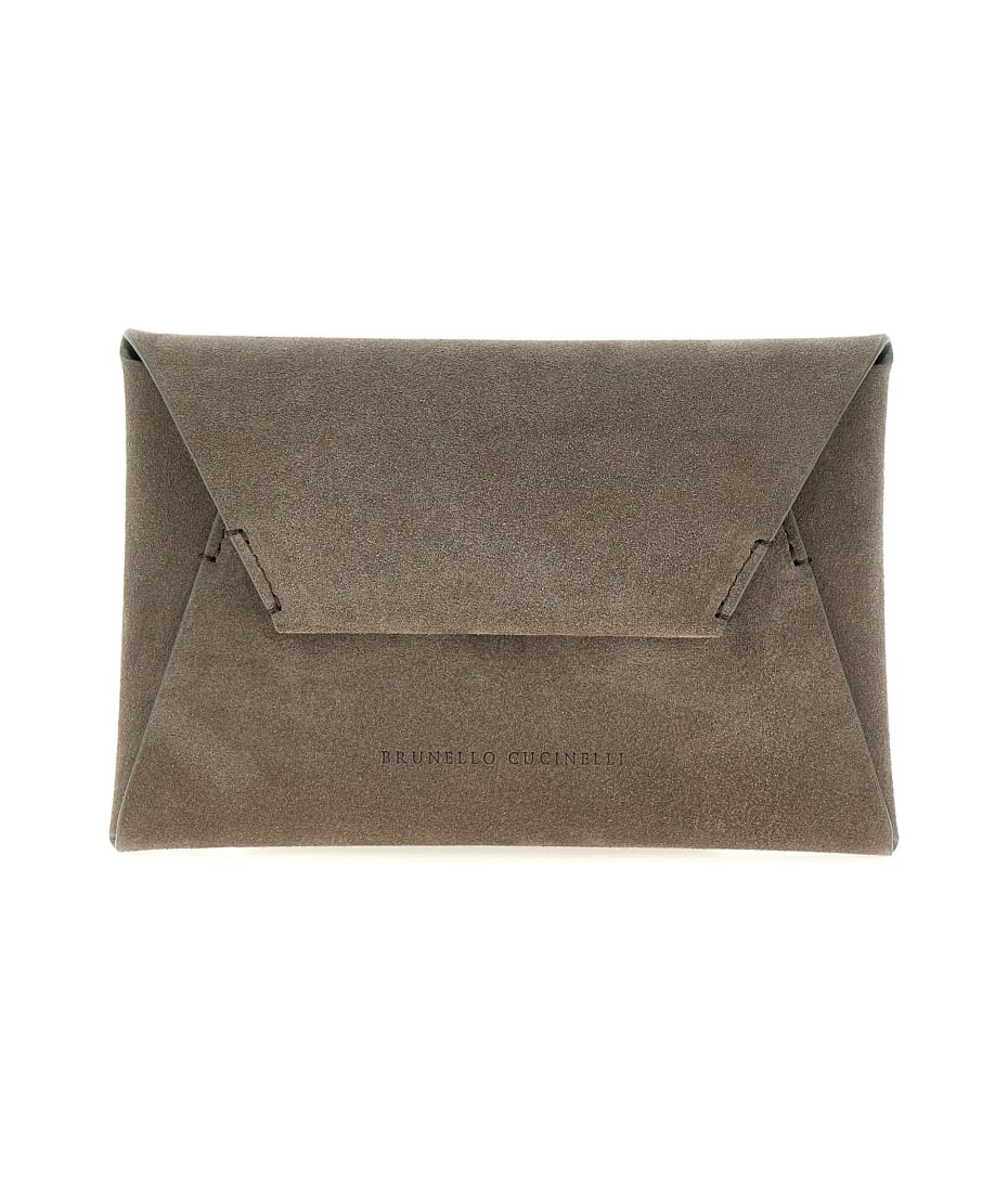 【関税＆送料込み】Brunello Cucinelli Suede Leather Clutch BRUNELLO CUCINELLI Bead-embellished leather-trimmed suede