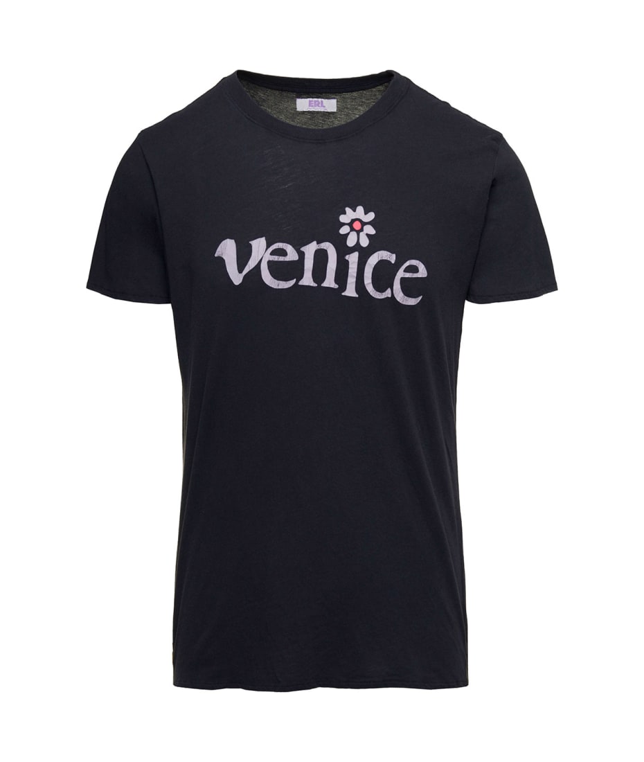 関税込◆ERL コットン UNISEX VENICE TSHIRT ERL Black Crewneck T-shirt With Venice Print In Cotton