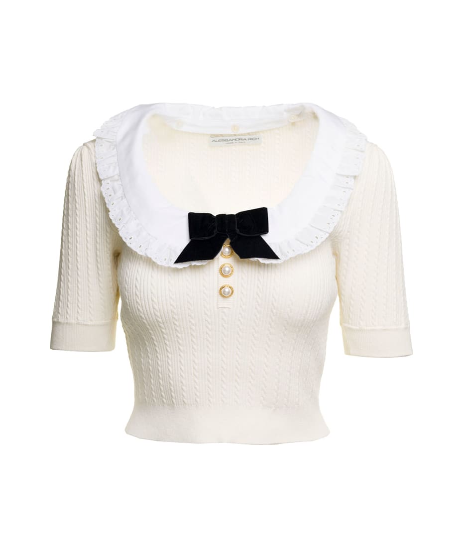 Alessandra Rich White Knitted Jumper With Bow Detail In Cotton