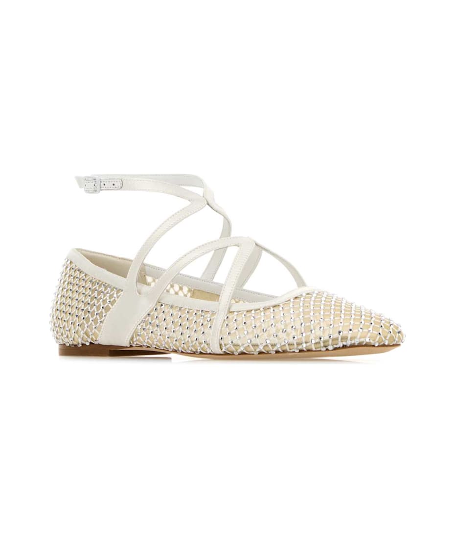 【送料&関税込】Jimmy Choo Embellished Mesh Astoria Ballerin Astoria embellished mesh ballet flats in white - Jimmy Choo