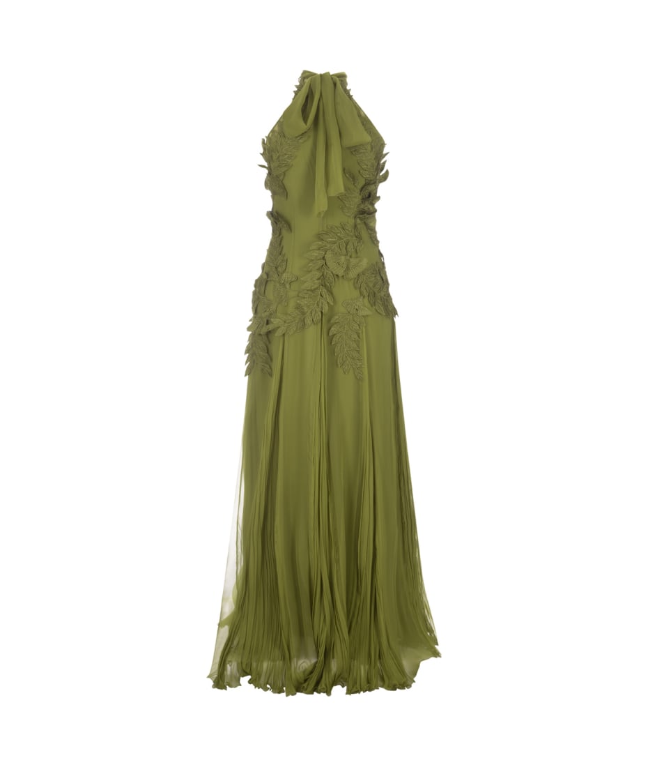 Alberta Ferretti Long Green Chiffon Dress With Flowers And Remage