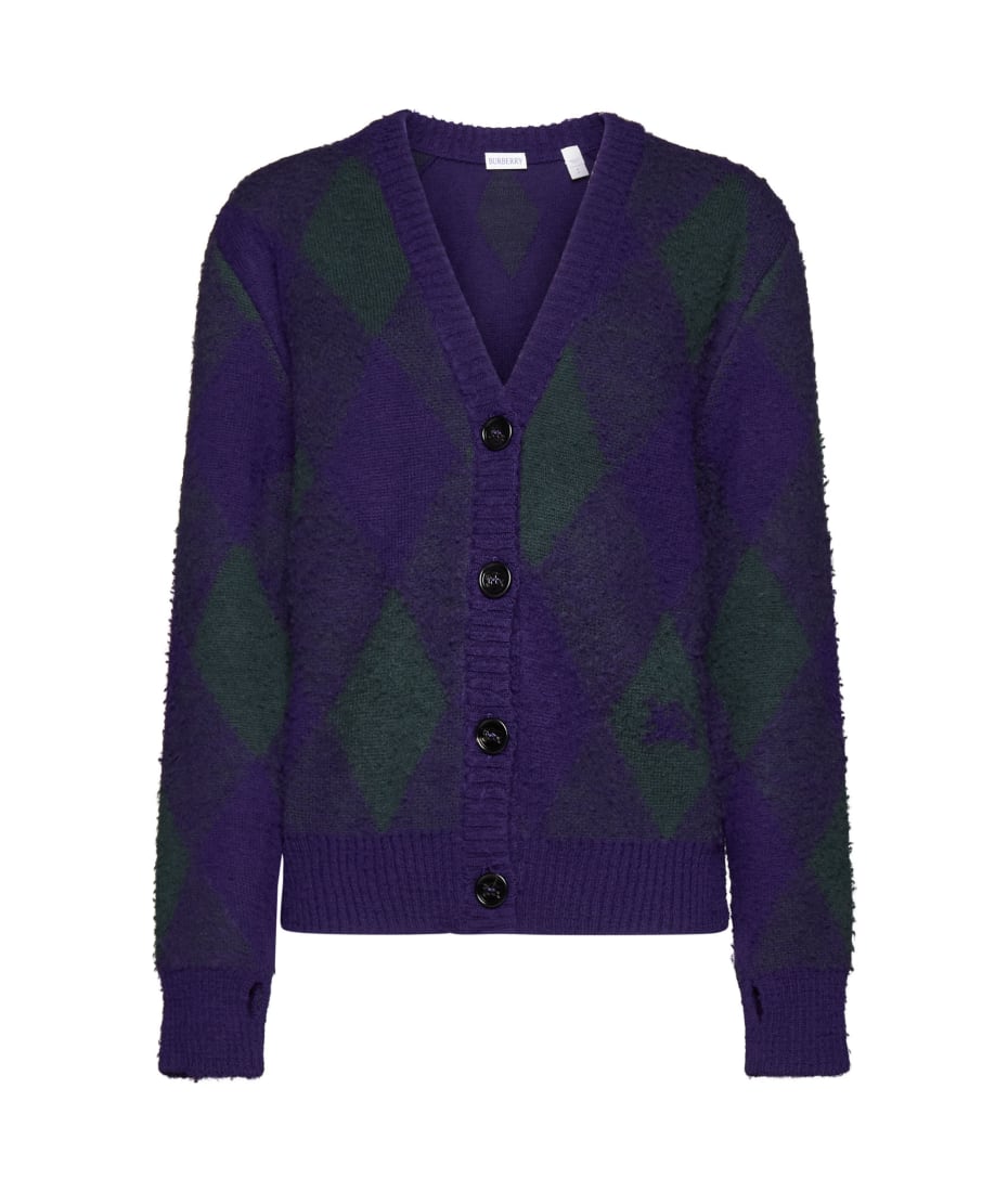 Purple Cardigan With Argyle Motif In Wool Woman