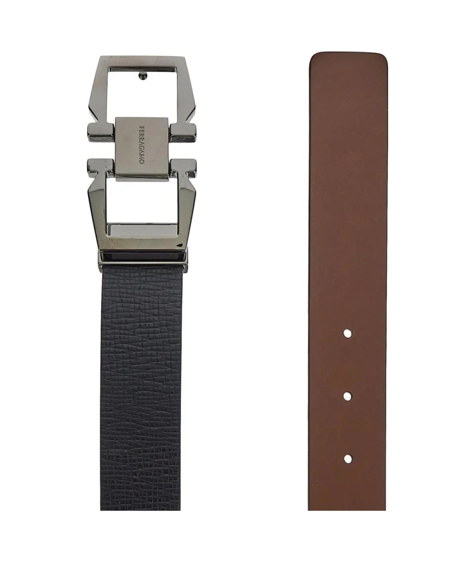 Ferragamo Reversible and Adjustable Gancini Belt Black/Titanium