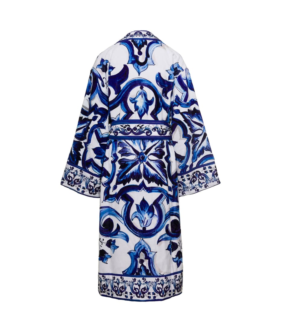 Multicolor Kimono Bathrobe With All-over Blu Mediterraneo Print In Cotton Dolce & Gabbana