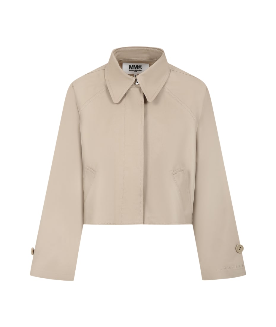 Beige Jacket For Girl With Logo Embroidered