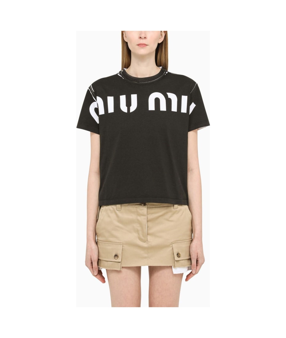 Miu Miu Black Cropped T-shirt With Logo | italist